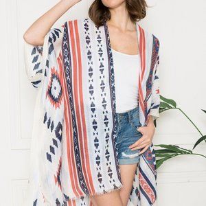 Justin Taylor Geometric Print Frayed Hem Kimono